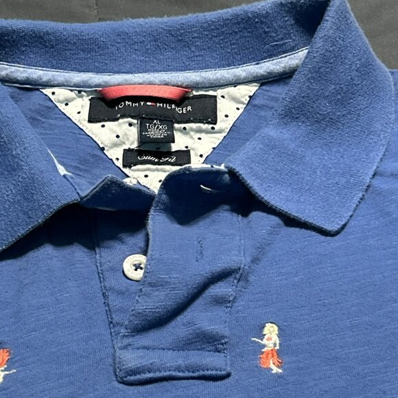 Tommy Hilfiger Men Polo XL Blue Slim Fit Short Sleeve Hula Girl Embroidered - Picture 4 of 6